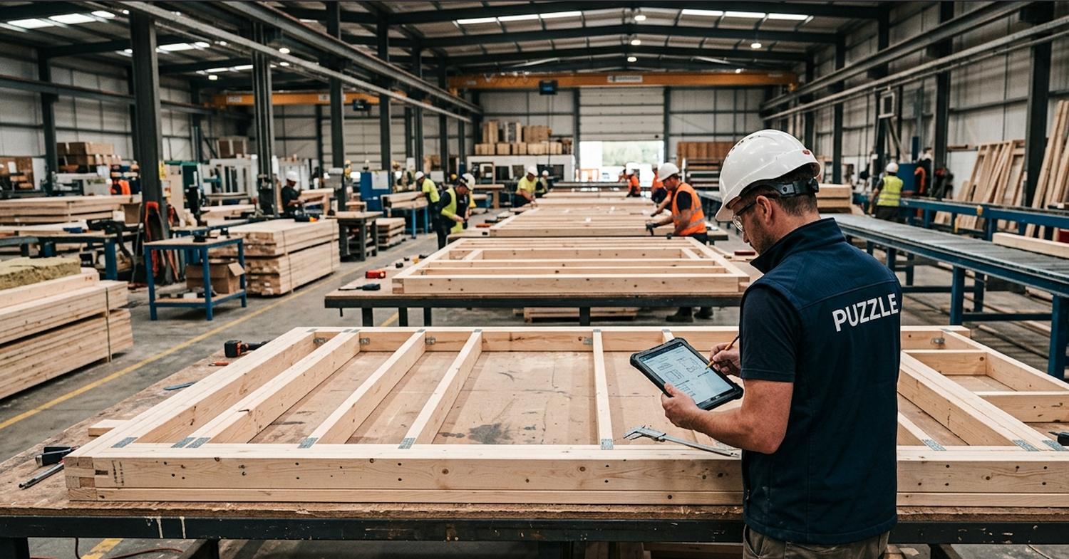 Atelier Puzzle : fabrication de panneaux de plancher et de murs sur tables de production